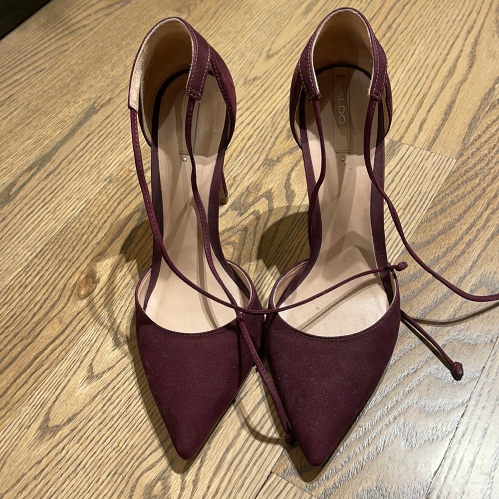 Burgundy suede lace up pumps from Aldo. Worn once. Like new. Size 8.